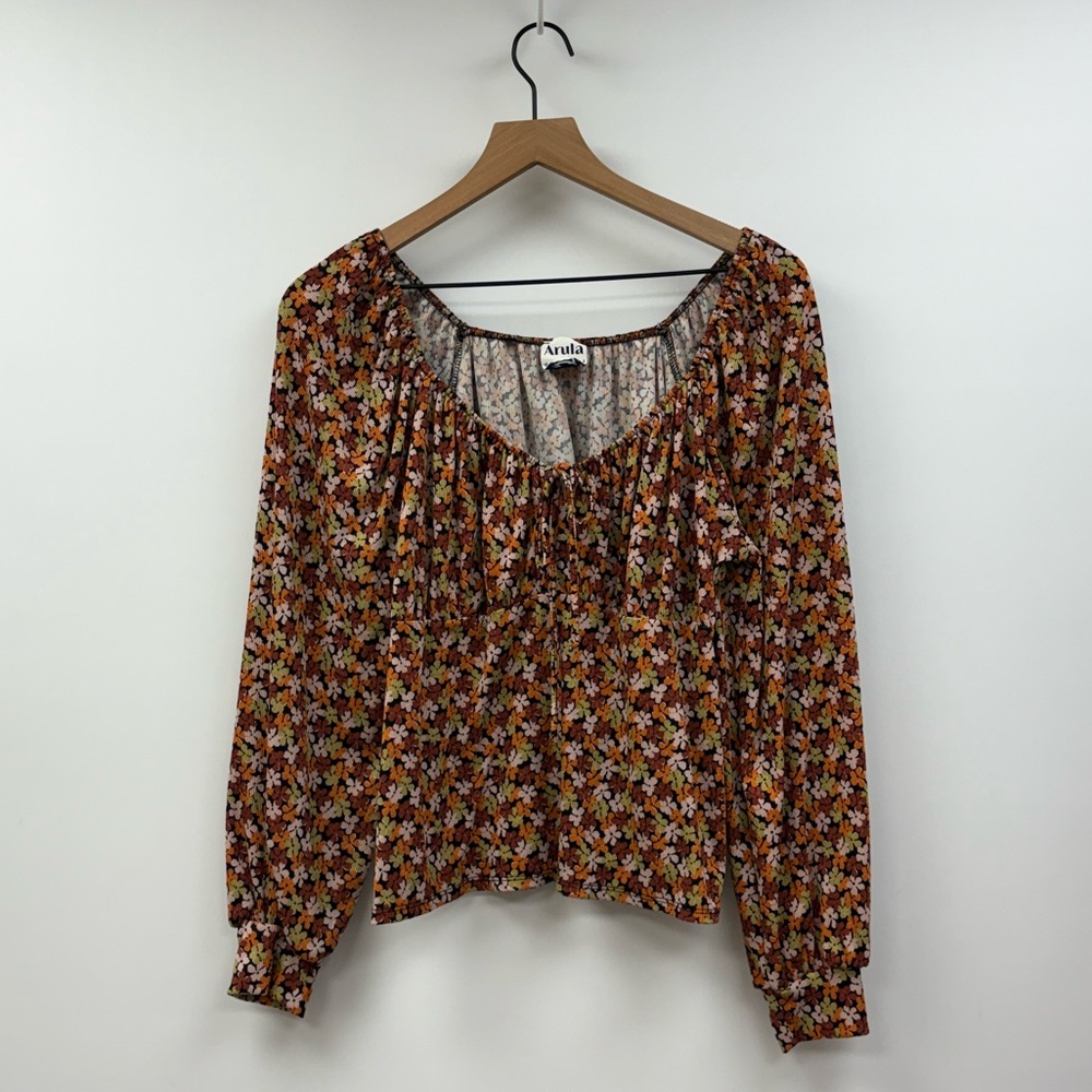 NWOT Arula Retro Floral Scoopneck Peplum Babydoll Ribbed Knit Blouse Black 1X